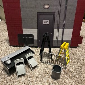 Wrestling accessories table ladders folding chairs guardrail and a trash can